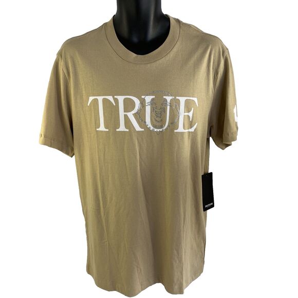 New Mens True Religion SS Buddha Crystal Rhinestone Logo T-Shirt L NWT Tan - Picture 1 of 8
